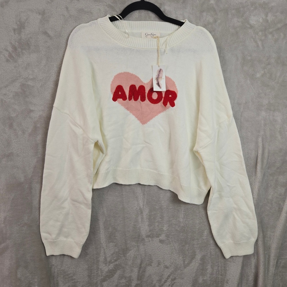 Jessica Simpson Amor Heart Intarsia Sweater Cream Pink Red Large